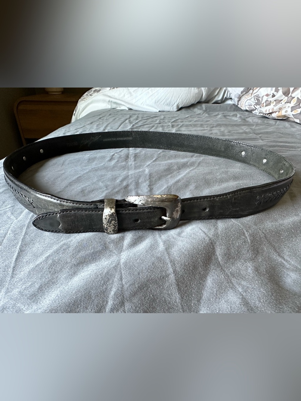 Men's Western Black Leather Belt with Distressed Silver Buckle